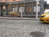 an empty street lined with plants and bushes on the sidewalk outside a building with many windows