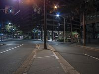 the street is empty for all to see at night as traffic lights illuminate the city's street