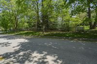 an empty street is empty in the shade of trees and grass surrounding it, surrounded by an open gate and fence