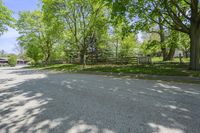 an empty street is empty in the shade of trees and grass surrounding it, surrounded by an open gate and fence