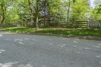 an empty street is empty in the shade of trees and grass surrounding it, surrounded by an open gate and fence