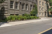 an empty street next to buildings with plants and flowers in the corner of the road