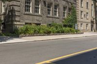 an empty street next to buildings with plants and flowers in the corner of the road