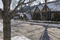 the street is empty with snow on the ground and houses next to it the tree branch casts a shadow