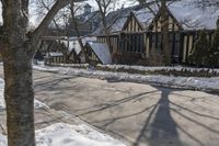 the street is empty with snow on the ground and houses next to it the tree branch casts a shadow