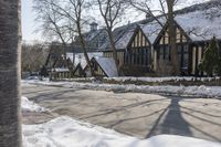 the street is empty with snow on the ground and houses next to it the tree branch casts a shadow