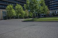 an empty street that has some trees growing in it along with the building to the right