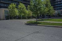 an empty street that has some trees growing in it along with the building to the right