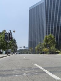 this is a street that is empty and has many trees on it as well as some skyscrapers