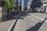 an empty street in an urban area with buildings, bushes and a bench to sit in