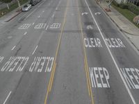 street view with empty streets on both sides and painted words on the pavement outside of them