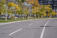 a empty street is pictured with many trees in the foreground and a man riding a bike