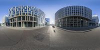 two distorted pictures of an empty street next to skyscrapers, with traffic on the street