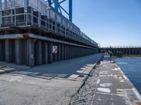 the walkway is empty and has people walking on it by the water and next to a bridge