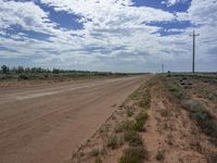 a dirt road leads to a telephone pole, with bushes in the middle of the road, and a blue sky above