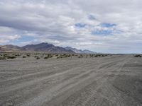 a wide empty dirt road in front of a high desert area in the foreground