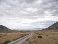 a dirt road runs through an arid desert plain with tall grass, dry hills and a clear sky