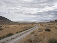 a dirt road runs through an arid desert plain with tall grass, dry hills and a clear sky