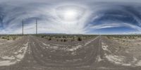 the view from behind a distorted lens of a road in the desert with telephone towers