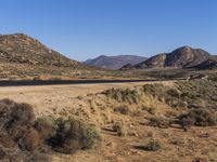 a road leads through the middle of desert land next to mountains and dirt road leading into the distance