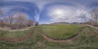 a field with grass and tracks in the middle and a mountain in the distance with clouds