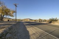 a road with power lines next to trees and bushes in the desert area by a telephone pole