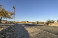 a road with power lines next to trees and bushes in the desert area by a telephone pole