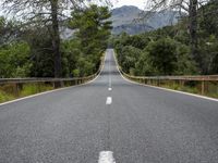 the empty road is lined with trees and rocks and is shown with no people or vehicles