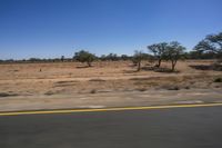 a clear blue sky above an arid plain with trees and scrublands, with an empty road and roadway