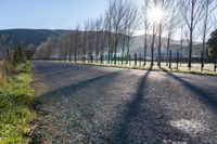 an empty road with a view of the sun coming through trees on either side of it