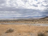 power lines stretching across the desert toward the horizon of the distant field and distant land