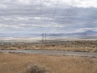 power lines stretching across the desert toward the horizon of the distant field and distant land