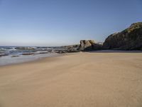 footprints on a sandy beach with some rock and ocean in the background, including an empty bird