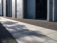 a sidewalk is lined with gray stone slabs and black windows of a high rise building