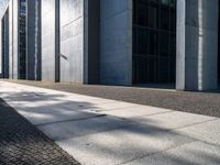 a sidewalk is lined with gray stone slabs and black windows of a high rise building