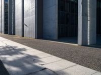 a sidewalk is lined with gray stone slabs and black windows of a high rise building