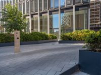 the side walk of a glass office building with concrete bricks and landscaping on each floor