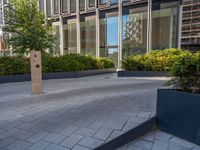 the side walk of a glass office building with concrete bricks and landscaping on each floor