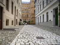 a cobblestone street between buildings in europe with a grate in the middle