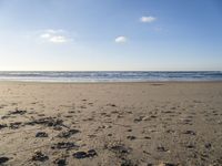 the sky is clear and blue above a beach with waves in the distance, and footprints on the sand, and in front of the shore