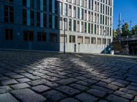 a brick sidewalk and some buildings and a street light on a sunny day, with shadows