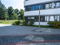 a building with a paved driveway and grass and plants in front of it in the daylight