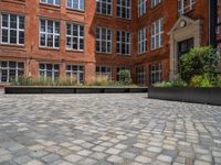 several plants sit in decorative concrete planters along the sidewalk of a building that is very modern