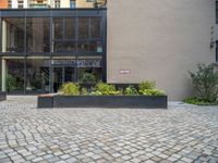 an empty parking lot with plants in the ground and on the side of the building, there is an enclosed area and windows