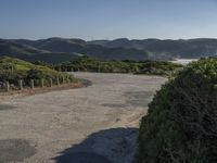 an empty, dirt road stretches to hills and a lake below the roadway leading in between the piney trees