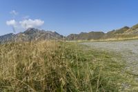 grass in the foreground and a mountain range with mountains behind it in the distance