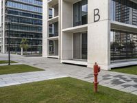 a fire hydrant in the foreground near a modern building and lawn in front