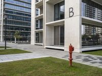 a fire hydrant in the foreground near a modern building and lawn in front