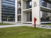 a fire hydrant in the foreground near a modern building and lawn in front