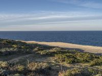 the ocean is empty of people on the beach by the sand path near the shore